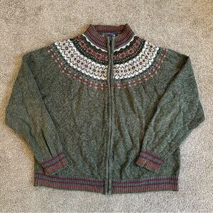 Green Fair Isle Patterned Women's Cardigan Full Zip Knit Retro